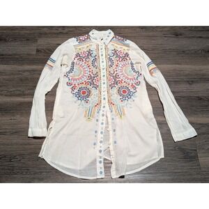 Biya Johnny‎ Was Embroidered Tunic Shirt Ivory Cotton Button Down Womens XS